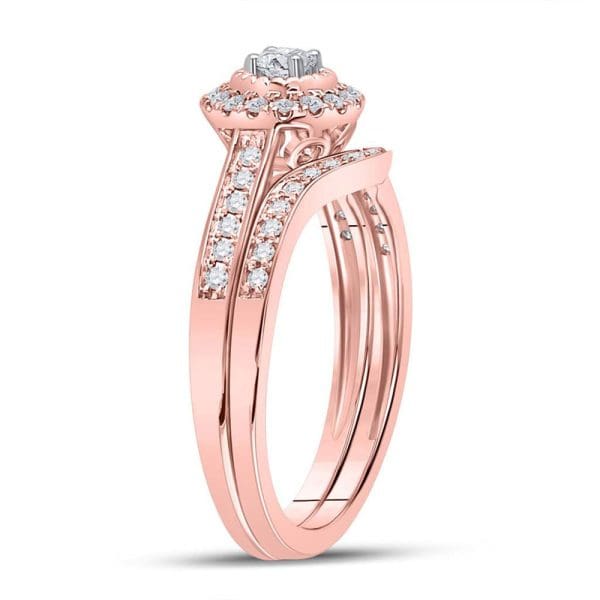 10kt Rose Gold Round Diamond Halo Bridal Wedding Ring Band Set 1/3 Cttw - Image 3