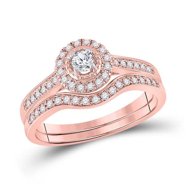 10kt Rose Gold Round Diamond Halo Bridal Wedding Ring Band Set 1/3 Cttw