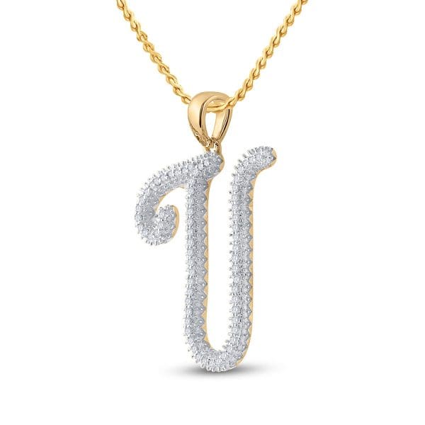 10kt Yellow Gold  Round Diamond Initial U Letter Pendant 1/5 Cttw - Image 2