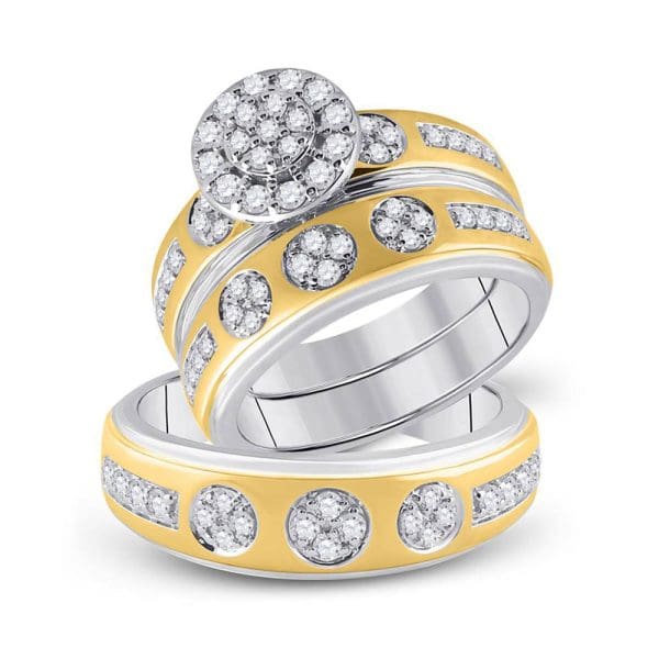 14kt Two-tone Gold His s Round Diamond Cluster Matching Wedding Set 1 Cttw