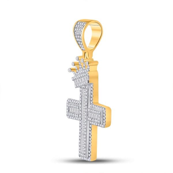 10kt Yellow Gold His Baguette Diamond Crown Cross Charm Pendant 2 Cttw - Image 2