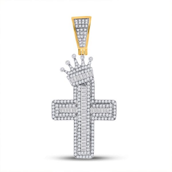 10kt Yellow Gold His Baguette Diamond Crown Cross Charm Pendant 2 Cttw