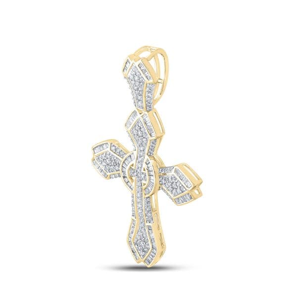 10kt Yellow Gold His Baguette Diamond Cross Charm Pendant 1-5/8 Cttw - Image 2