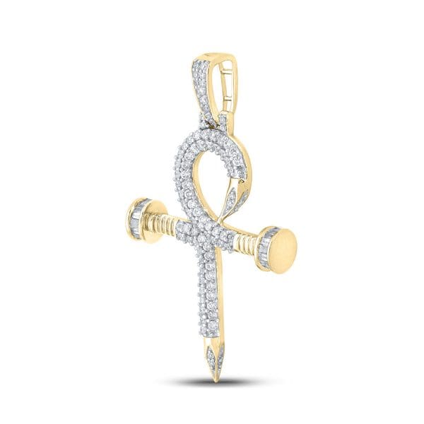 Baguette Diamond Nail Cross Ankh Charm Pendant - 10kt Yellow Gold - Image 2