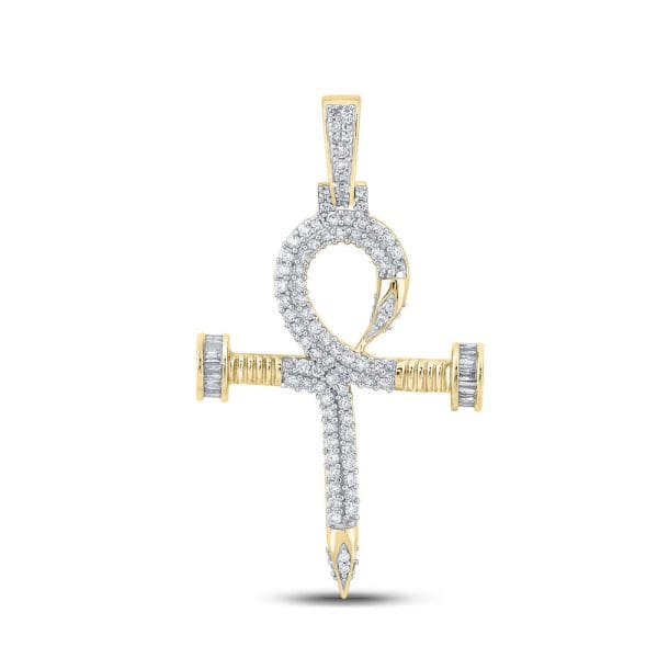 Baguette Diamond Nail Cross Ankh Charm Pendant - 10kt Yellow Gold