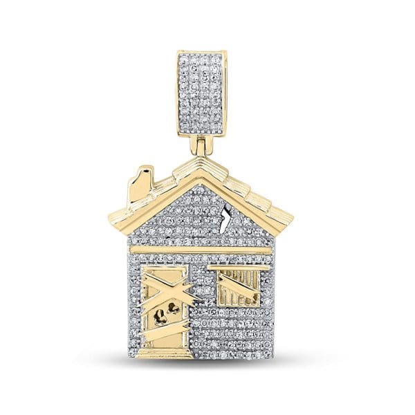 10kt Yellow Gold His Round Diamond Trap House Charm Pendant 3/4 Cttw