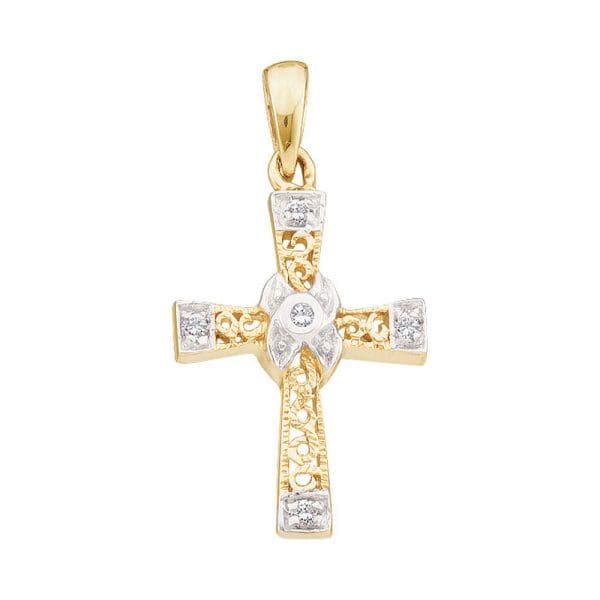 10kt Yellow Gold  Round Diamond Bounded Cross Pendant 1/20 Cttw