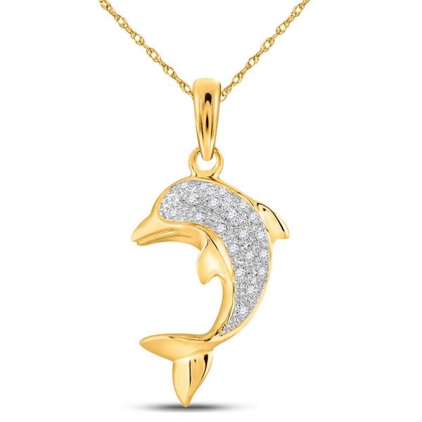 14kt Yellow Gold  Round Diamond Dolphin Fish Animal Pendant 1/10 Cttw