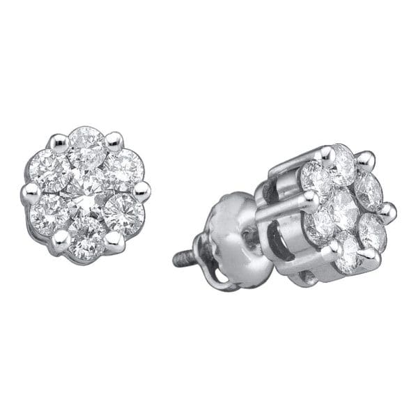 14k White Gold  Round Diamond Flower Cluster Stud Earrings 1 Cttw