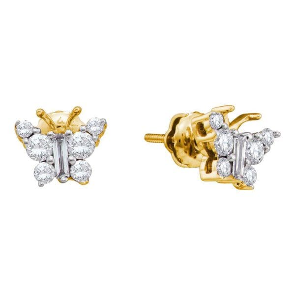 14kt Yellow Gold  Baguette Diamond Butterfly Bug Earrings 1/2 Cttw