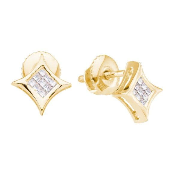 14kt Yellow Gold  Princess Diamond Cluster Kite Square Earrings 1/6 Cttw