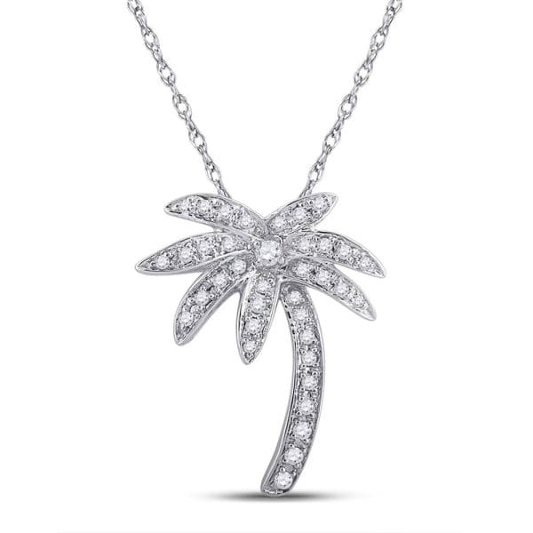 14kt White Gold  Round Diamond Palm Tree Nautical Beach Pendant 1/4 Cttw