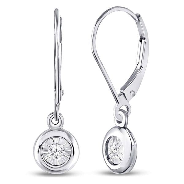 10kt White Gold  Round Diamond Illusion Dangle Leverback Earrings 1/20 Cttw