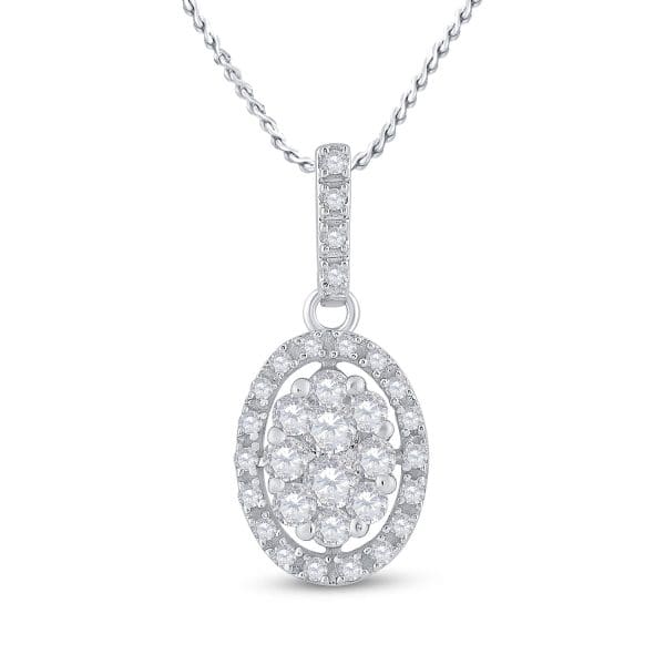 14kt White Gold  Round Diamond Oval Cluster Pendant 1/2 Cttw