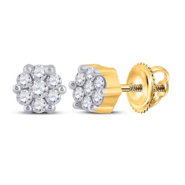 10kt Yellow Gold  Round Diamond Flower Cluster Earrings 1/6 Cttw