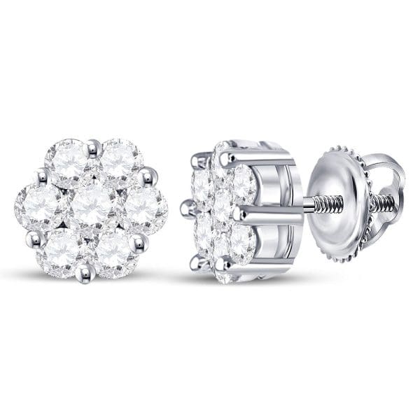 14kt White Gold  Round Diamond Flower Cluster Earrings 3/4 Cttw