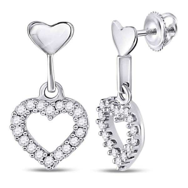 10kt White Gold  Round Diamond Small Heart Dangle Earrings 1/5 Cttw
