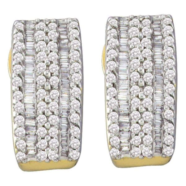 14kt Yellow Gold  Round Baguette Diamond Vertical Stripe Hoop Earrings 7/8 Cttw