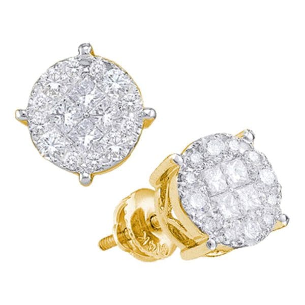 14kt Yellow Gold  Princess Round Diamond Cluster Earrings 1/2 Cttw
