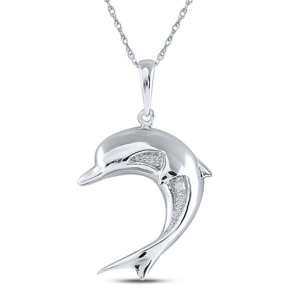 Round Diamond Dolphin Pendant .01 Cttw - Sterling Silver