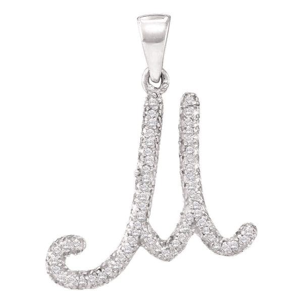 10kt White Gold  Round Diamond Cursive Letter M Initial Pendant 1/6 Cttw