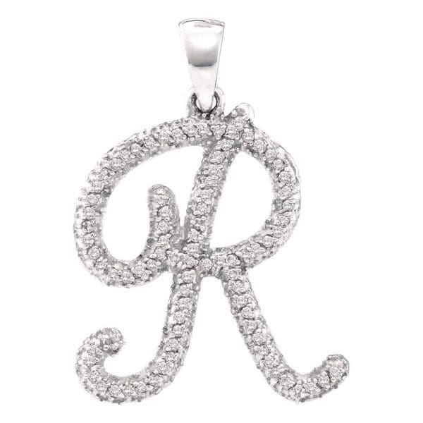 10kt White Gold  Round Diamond Cursive Letter R Pendant 1/5 Cttw