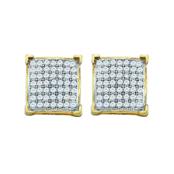 10kt Yellow Gold  Round Pave-set Diamond Square Cluster Earrings 1/10 Cttw