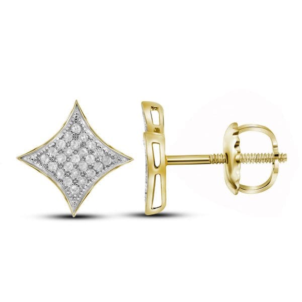 10kt Yellow Gold  Round Diamond Square Kite Cluster Stud Earrings 1/6 Cttw