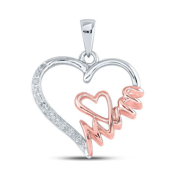 Two-tone Sterling Silver  Round Diamond Mom Heart Pendant 1/20 Cttw