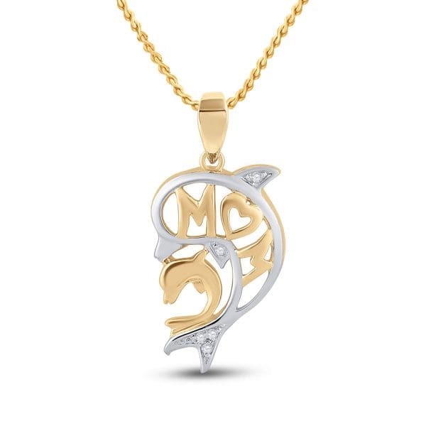 10kt Yellow Gold  Round Diamond Mom Dolphin Pendant .03 Cttw