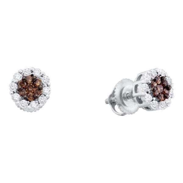 14k White Gold  Brown Diamond Halo Flower Cluster Stud Earrings 1/2 Cttw