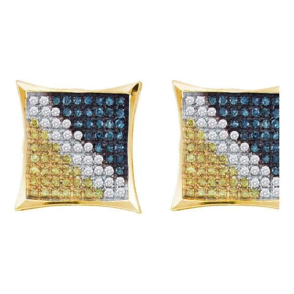 10kt Yellow Gold His Round Blue Color Enhanced Diamond Square Kite Earrings 1/20 Cttw