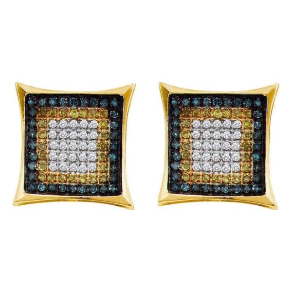 10kt Yellow Gold His Yellow Blue Color Enhanced Diamond Square Cluster Earrings 1/3 Cttw
