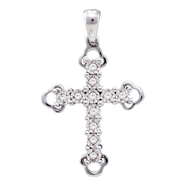 Sterling Silver  Round Diamond Trefoil Tips Cross Pendant 1/8 Cttw