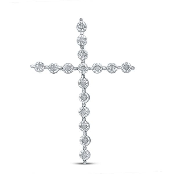 Sterling Silver  Round Diamond Cross Pendant 1/8 Cttw