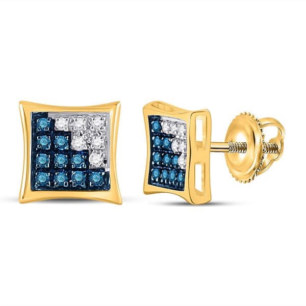 10kt Yellow Gold His Round Blue Color Enhanced Diamond Square Earrings 1/10 Cttw