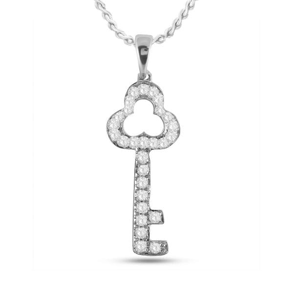 10kt White Gold  Round Diamond Trefoil Key Pendant 1/6 Cttw