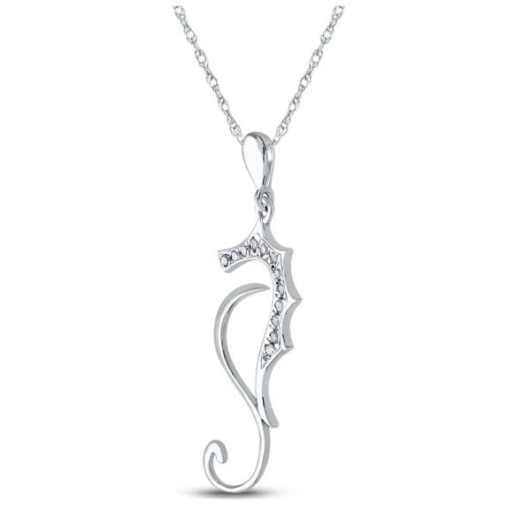 10kt White Gold  Round Diamond Sea Horse Animal Pendant 1/20 Cttw - Image 2