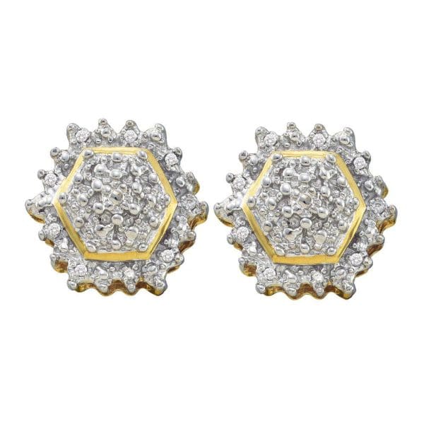 10kt Yellow Gold  Round Diamond Hexagon Geometric Cluster Earrings 1/10 Cttw