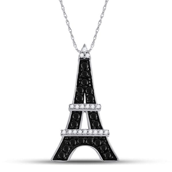 10kt White Gold  Black Color Enhanced Diamond Eiffel Tower Pendant 1/3 Cttw