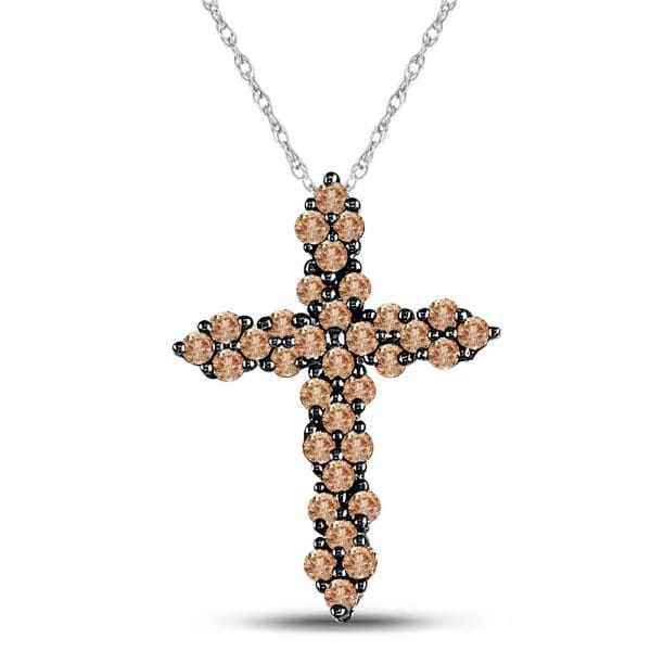 10kt White Gold  Round Brown Diamond Cross Pendant 1/2 Cttw