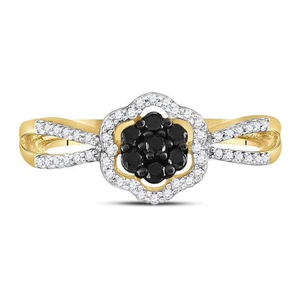 10kt Yellow Gold  Round Black Color Enhanced Diamond Flower Cluster Ring 1/3 Cttw - Image 2