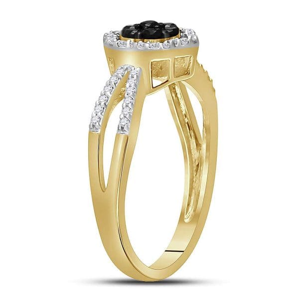 10kt Yellow Gold  Round Black Color Enhanced Diamond Flower Cluster Ring 1/3 Cttw - Image 3