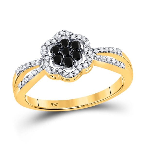 10kt Yellow Gold  Round Black Color Enhanced Diamond Flower Cluster Ring 1/3 Cttw