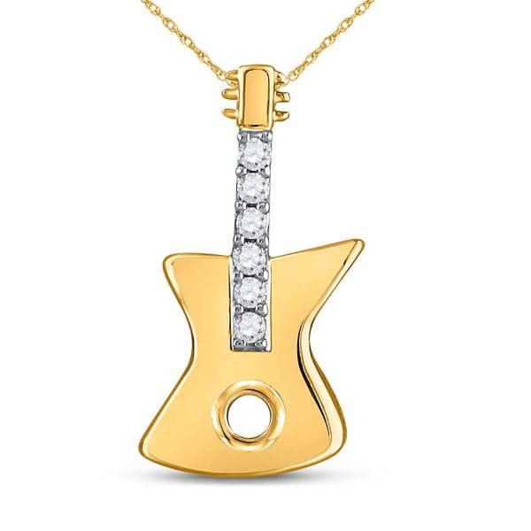 10kt Yellow Gold  Round Diamond Electric Guitar Music Instrument Pendant 1/20 Cttw