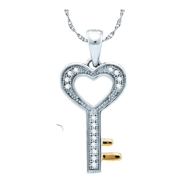 Sterling Silver  Round Diamond Heart Key Love Pendant 1/20 Cttw