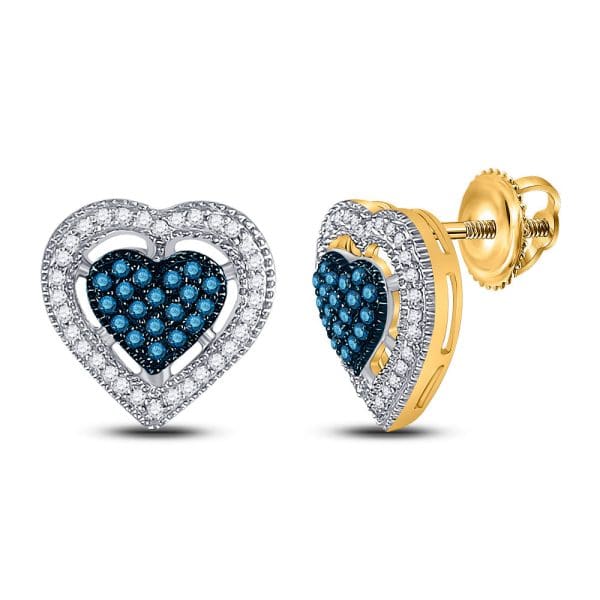 10kt Yellow Gold  Round Blue Color Enhanced Diamond Heart Earrings 3/8 Cttw