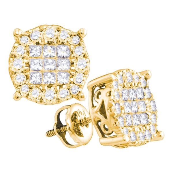 14kt Yellow Gold  Princess Diamond Cluster Earrings 1 Cttw