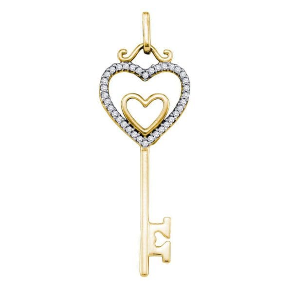 10kt Yellow Gold  Round Diamond Heart Key Pendant 1/10 Cttw