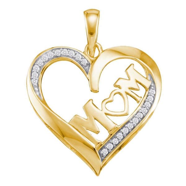 10kt Yellow Gold  Round Diamond Heart Mom Mot Pendant 1/12 Cttw